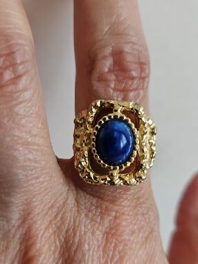 Vintage 1970s Sarah Coventry Ring Blue Stone Brutalist Adjustable